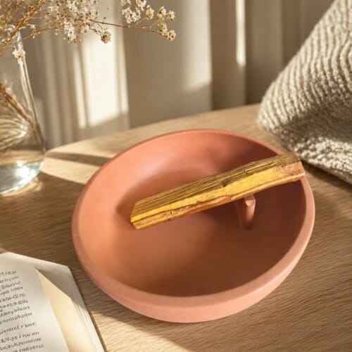 Bandeja porta Palo Santo artesanal de resina en color terracota Porta Palo Santo artesanal con soporte central. Bandeja redonda de resina para Palo Santo. Soporte artesanal para Palo Santo y ceniza. Bandeja decorativa para rituales de calma. Porta Palo Santo minimalista hecho a mano.