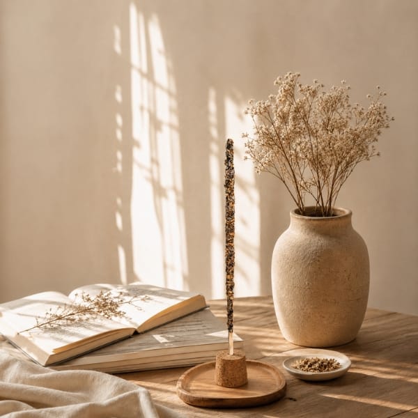 Incienso natural de Palo Santo y Mirra en varillas. Varillas de incienso artesanal de Palo Santo y Mirra. Incienso de Palo Santo y Mirra para momentos de calma. Incienso natural hecho a mano con Palo Santo molido. Incienso amaderado y resinoso para meditación.